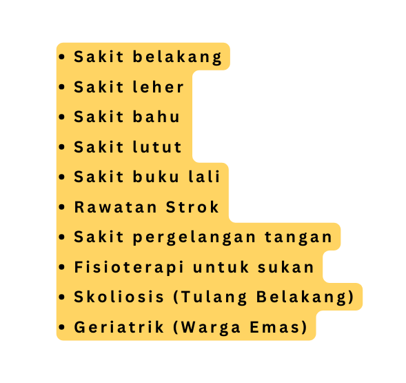 Sakit belakang Sakit leher Sakit bahu Sakit lutut Sakit buku lali Rawatan Strok Sakit pergelangan tangan Fisioterapi untuk sukan Skoliosis Tulang Belakang Geriatrik Warga Emas